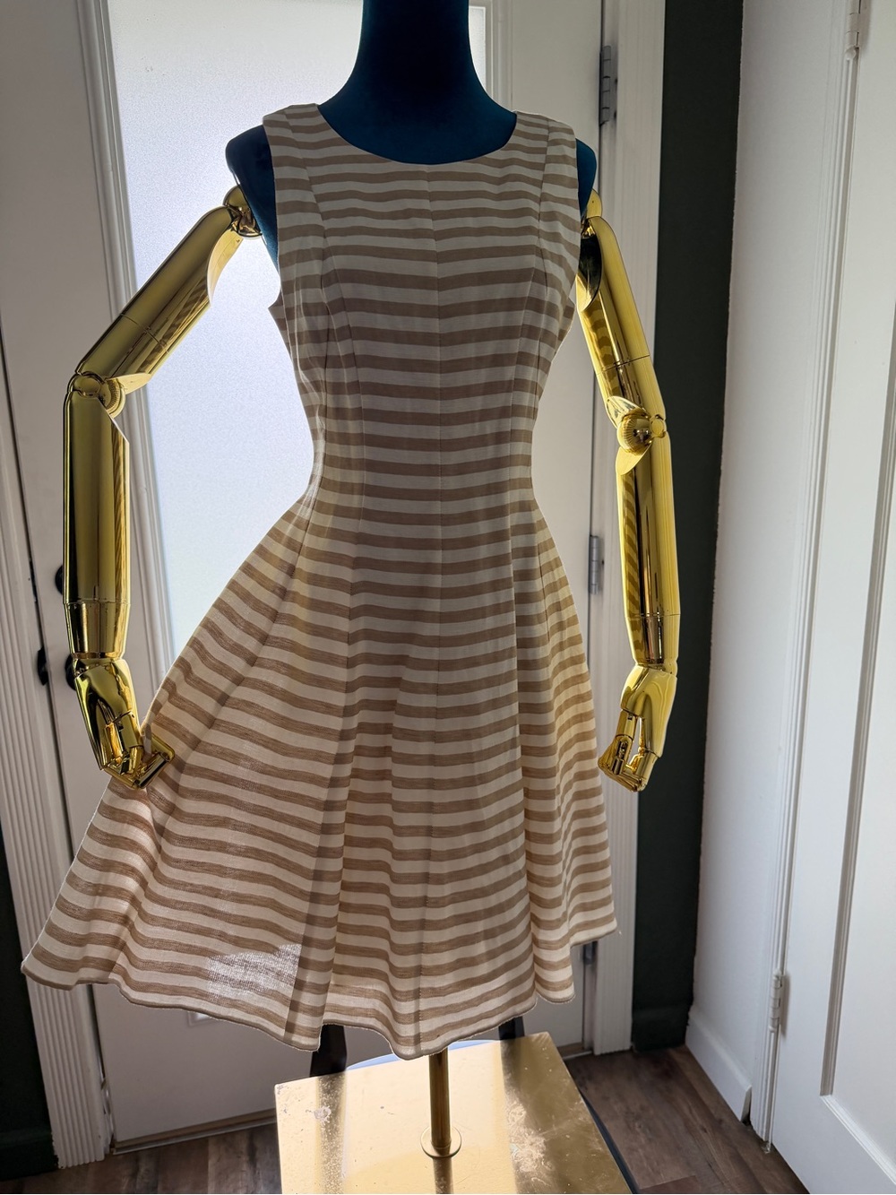 Beige & White Striped Sleeveless Fit-and-Flare Dress